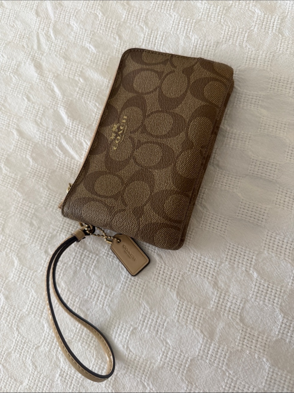 COACH Brown Signature Zip Wristlet with Logo Charm